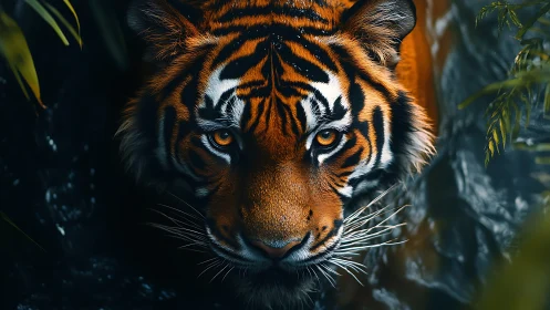 Golden-eyed tiger steps from the shadows with calm power