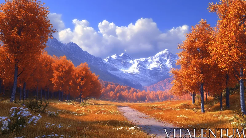 Render depicts autumn forest path before distant snowy peaks