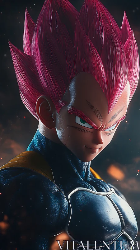 Cinematic 3D render of muscular warrior with pink spiked hair armor