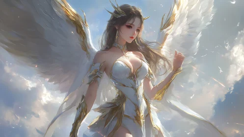 Winged armored woman stands in bright sunlit sky scene.