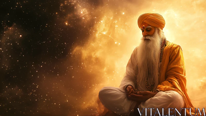 Mystic guru meditates in radiant golden cosmic space.