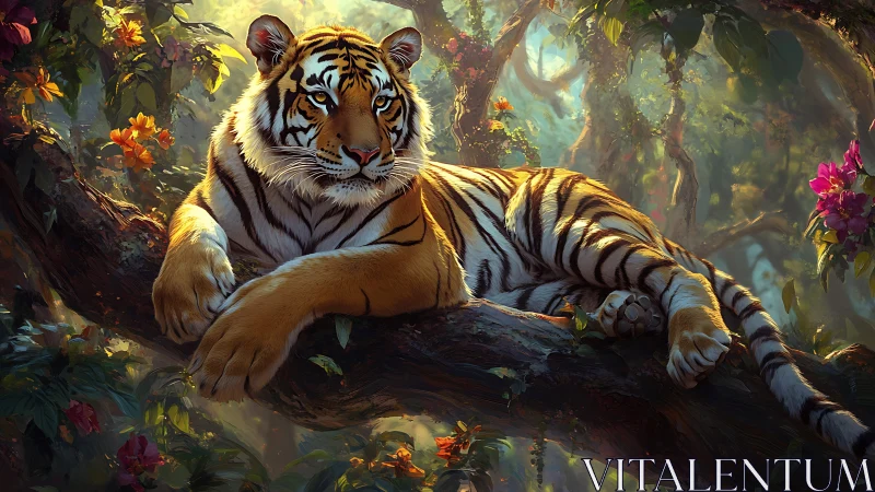 Digital painting of reclining tiger on lush jungle bough.