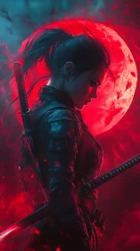 Female swordswoman in profile before large red moon.