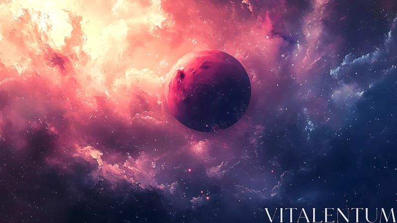 Crimson planet drifting through a dreamy cosmic dawn.