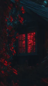Crimson glow softly spills from a hidden woodland cabin window
