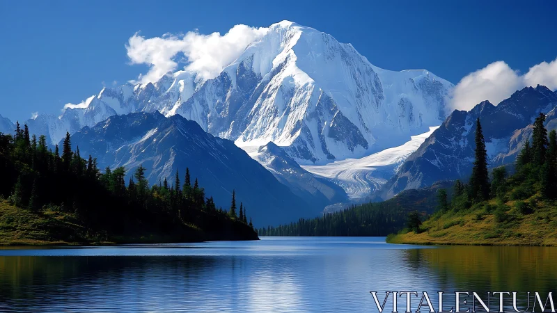 Snow-crowned mountain calm over a mirror-bright lake.