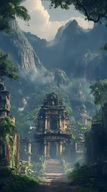 Mist-draped jungle temple gateway to forgotten thunder gods.