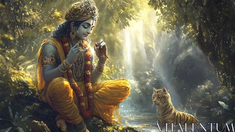 Divine blue figure with tiger in luminous jungle stream.