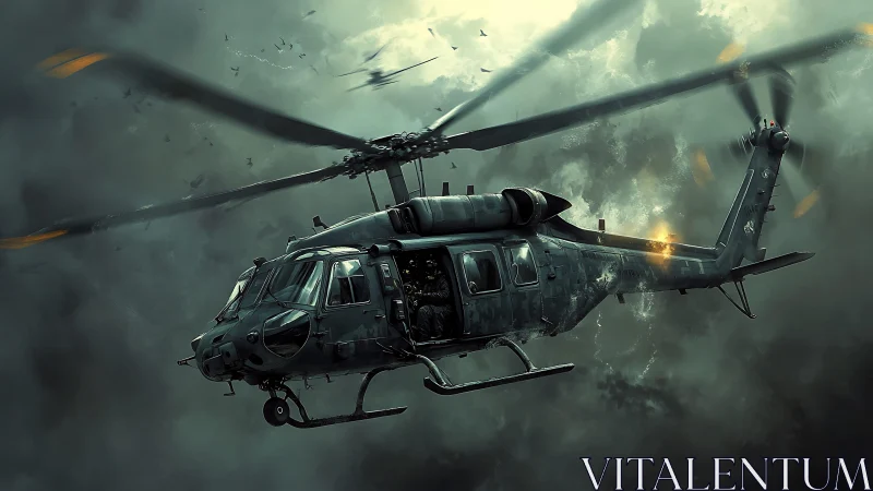 Military helicopter flies through dense storm clouds in combat