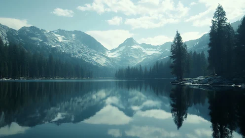 Snowcapped mountain lake mirrors towering pine forest.
