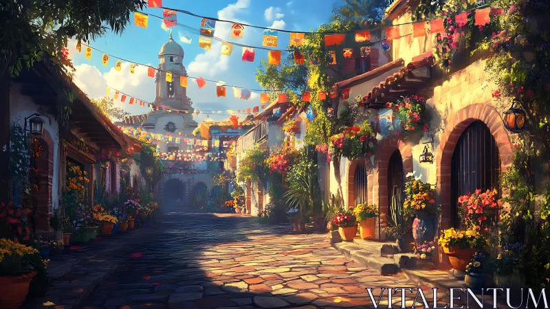 Sunlit Mexican street glows with flowers and festive banners