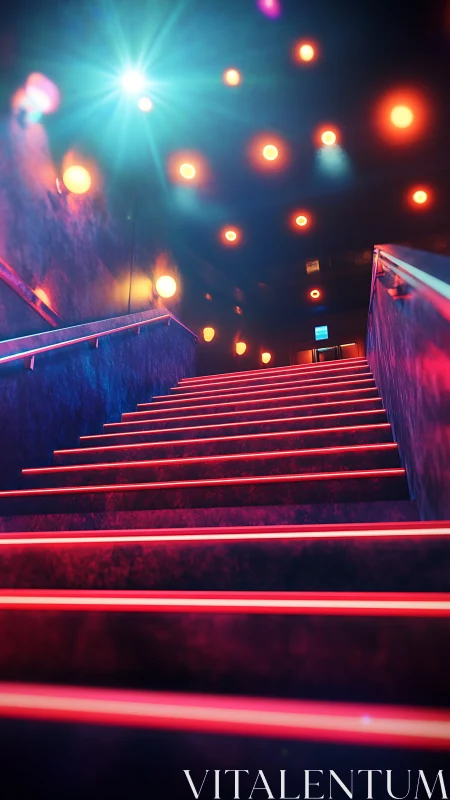 Neon lit staircase in dark interior corridor at night.