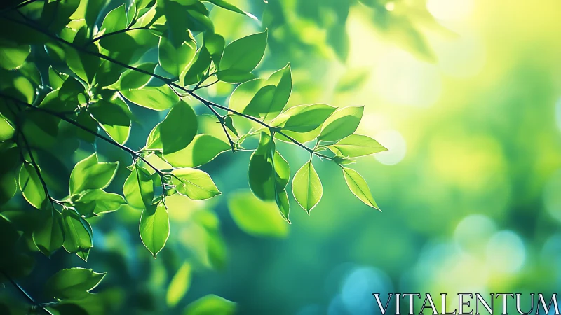 Sunlit Green Leaves Close-Up With Soft Nature Bokeh Background.