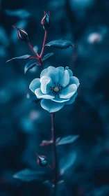 Blue bloom with unopened buds and red stem structure.