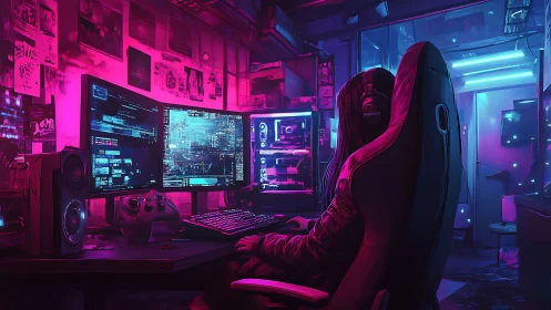 Neon-lit gaming hideout with cozy cyberpunk vibes.