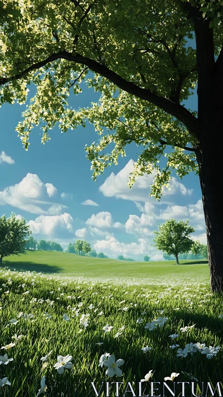 Rendered grassy meadow under tree canopy with scattered clouds