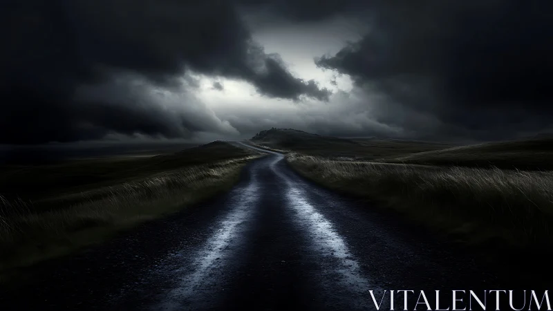 Lonely wet road curves toward distant stormlit horizon