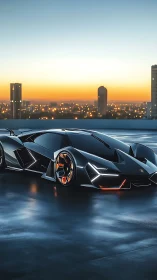 Futuristic black sports car on rooftop at urban sunset.