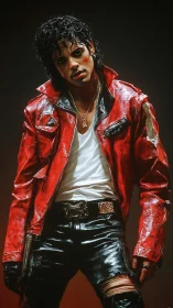 Bold red-jacketed performer standing in moody spotlight.