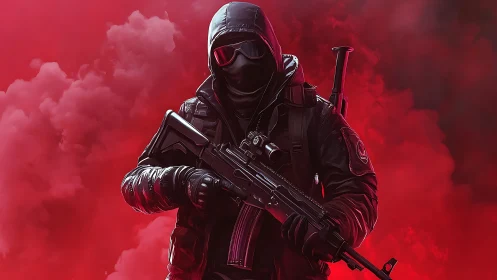 Mysterious tactical figure framed by bold red smoke clouds.