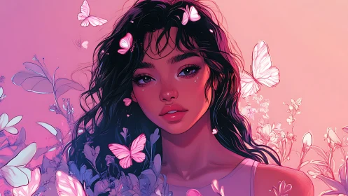 Portrait shows stylized woman amid butterflies and flora