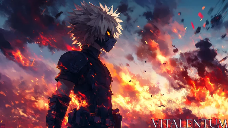 Masked anime warrior dominates blazing sunset battlefield.