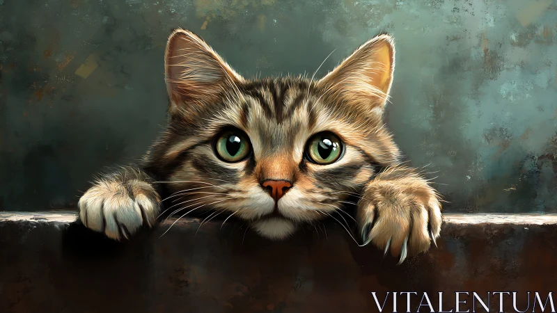 Tabby Cat Staring Over Weathered Surface.