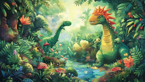 Playful jungle dinosaurs share secrets by a glowing creek.