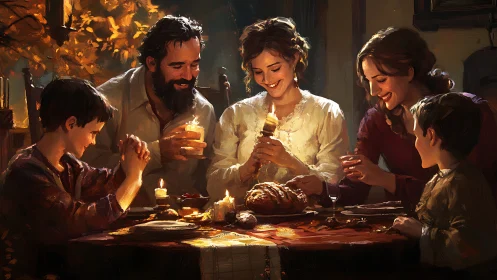 Harvest glow around a candlelit family feast of gratitude.