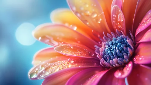 Vibrant Gerbera Daisy with Dewdrops Against Soft Blue Sky