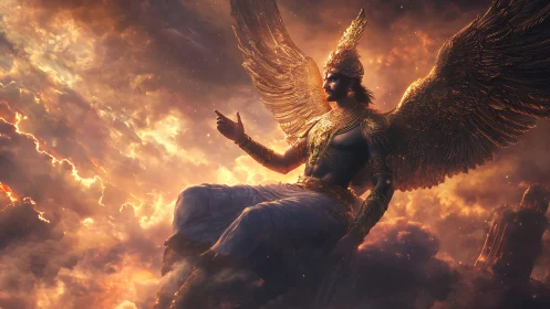 Winged celestial guardian in radiant storm clouds.