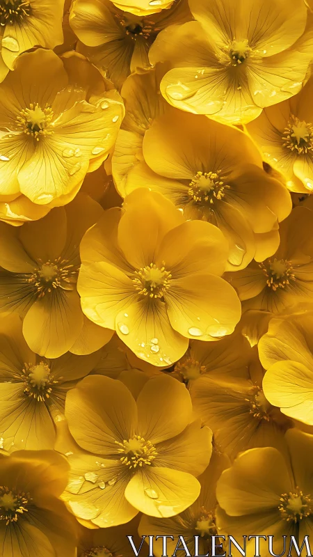 Golden flowers glisten with dew drops in radiant yellow blooms