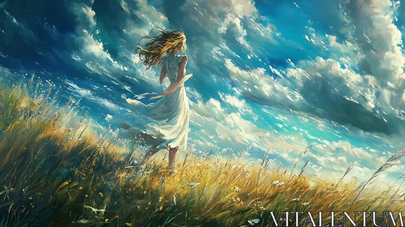Figure in white dress stands in windswept grassland under clouds