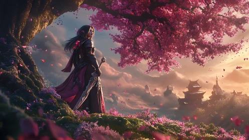 Sword and blossoms beneath a dream-bright cherry sky.