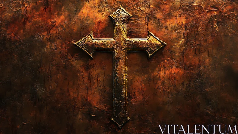 Weathered gilded cross on textured rusted metal field
