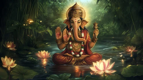 Ganesh idol rendered in luminous lotus pond with volumetric light