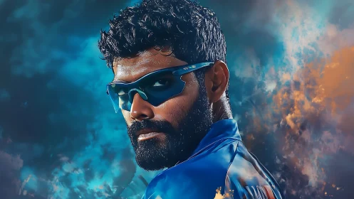Bearded athlete wearing sunglasses stands in vivid clouds