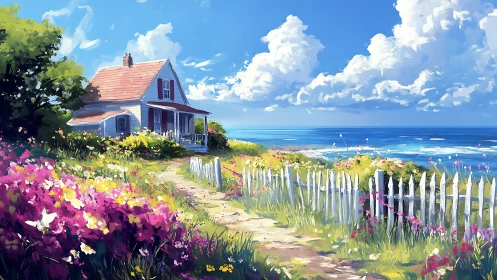Sunlit seaside cottage tucked in wildflower pathways.