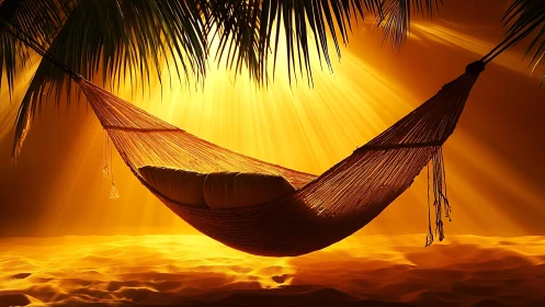 Golden tropical hammock glows in warm sunset light.