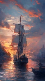 Tall ship sailing into a vivid sunset harbor scene.