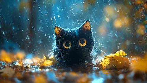 Black Cat in Rain with Golden Leaves.