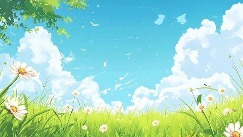 Atmospheric meadowscape with stylized clouds and daisies panorama.