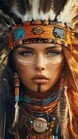 Portrait of woman in feathered headdress and beadwork.