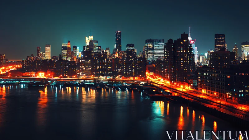 Midnight city lights dancing over calm river reflections.