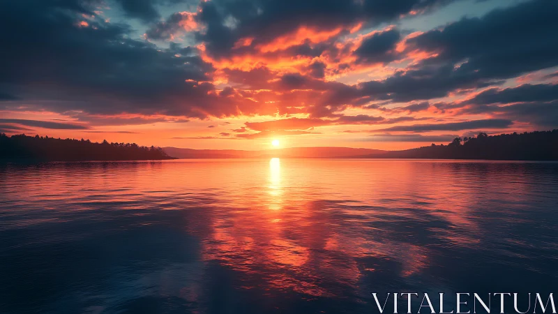 Radiant lake sunset casts fiery light across calm water.