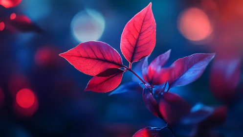 Crimson leaves glowing in dreamy bokeh twilight field.