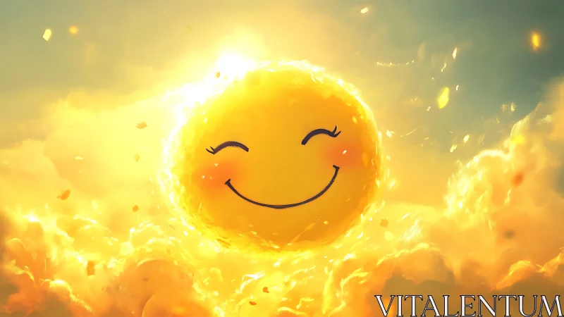 Radiant smiling sun floats warmly amid glowing golden clouds.