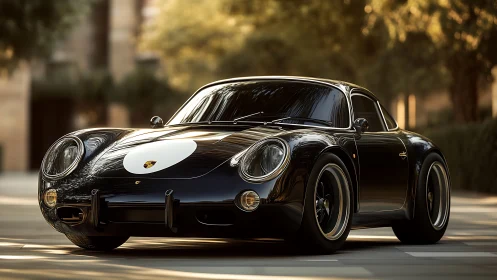 Photorealistic classic sports coupé in golden hour streetscape.