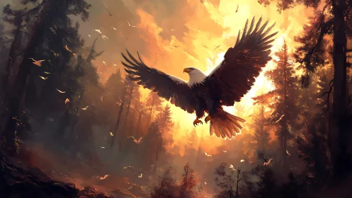 Majestic Bald Eagle Soaring Over Sunlit Forest in Digital Art.