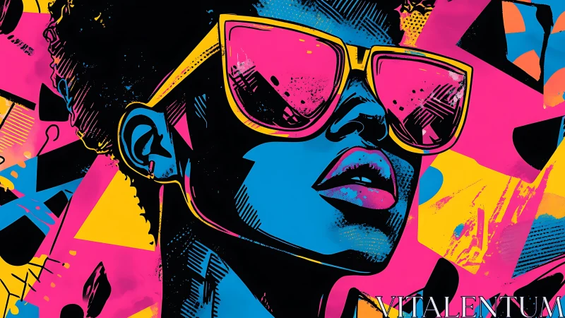 Bold pop art portrait with neon sunglasses and abstract forms.